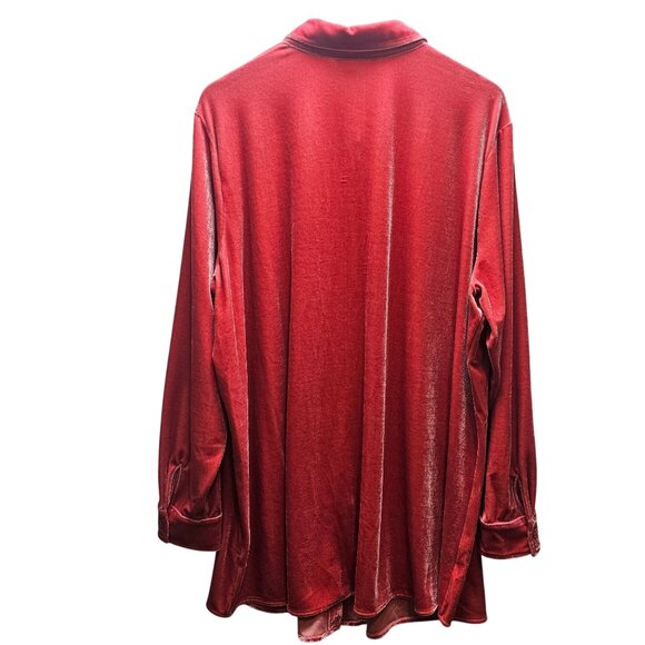 Soft Surroundings, Bright Coral BOYFRIEND Velour Long Sleeve Button Down Top - Picture 5 of 8